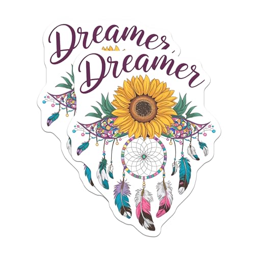 (2 Pack) Dreamer Sunflower Stickers - Dream Catcher Art - Inspirational Quote Sticker - 5" On Longest Side - Sticks to Smooth Flat Surfaces - Made in USA - BMCS7250