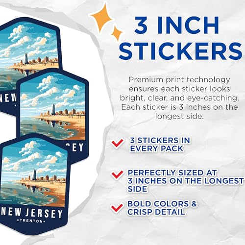 (3 Pack) Trenton New Jersey Decals - Beach City - Travel Decal - 3 Inches On Longest Side - Easy Peel & Apply - Made in USA - 3MCS0371