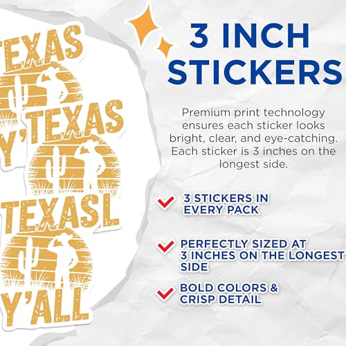 (3 Pack) Texas Yall Decals - Cowboy Decal - Laptop Decal- 3 Inches On Longest Side - Easy Peel & Apply - Made in USA - 3MCS5504