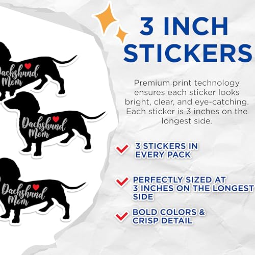 (3 Pack) Dachshund Mom Decals - Wiener Dog Lover - Dog Breed Decals - 3 Inches On Longest Side - Easy Peel & Apply - Made in USA - 3MCS1333