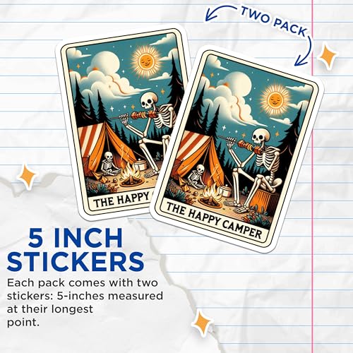 (2 Pack) The Happy Camper Stickers - Skeleton Campfire Stickers - Outdoor Adventure Stickers - Camping Fun Stickers - 5" On Longest Side - Sticks to Smooth Flat Surfaces - Made in USA - BMCS5425