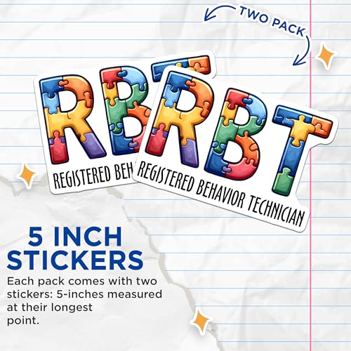 (2 Pack) Registered Behavior Technician Stickers - Autism Awareness Stickers - Puzzle Piece Design Decals - 5" On Longest Side - Sticks to Any Smooth Flat Surface - Made in USA - BMCS3163
