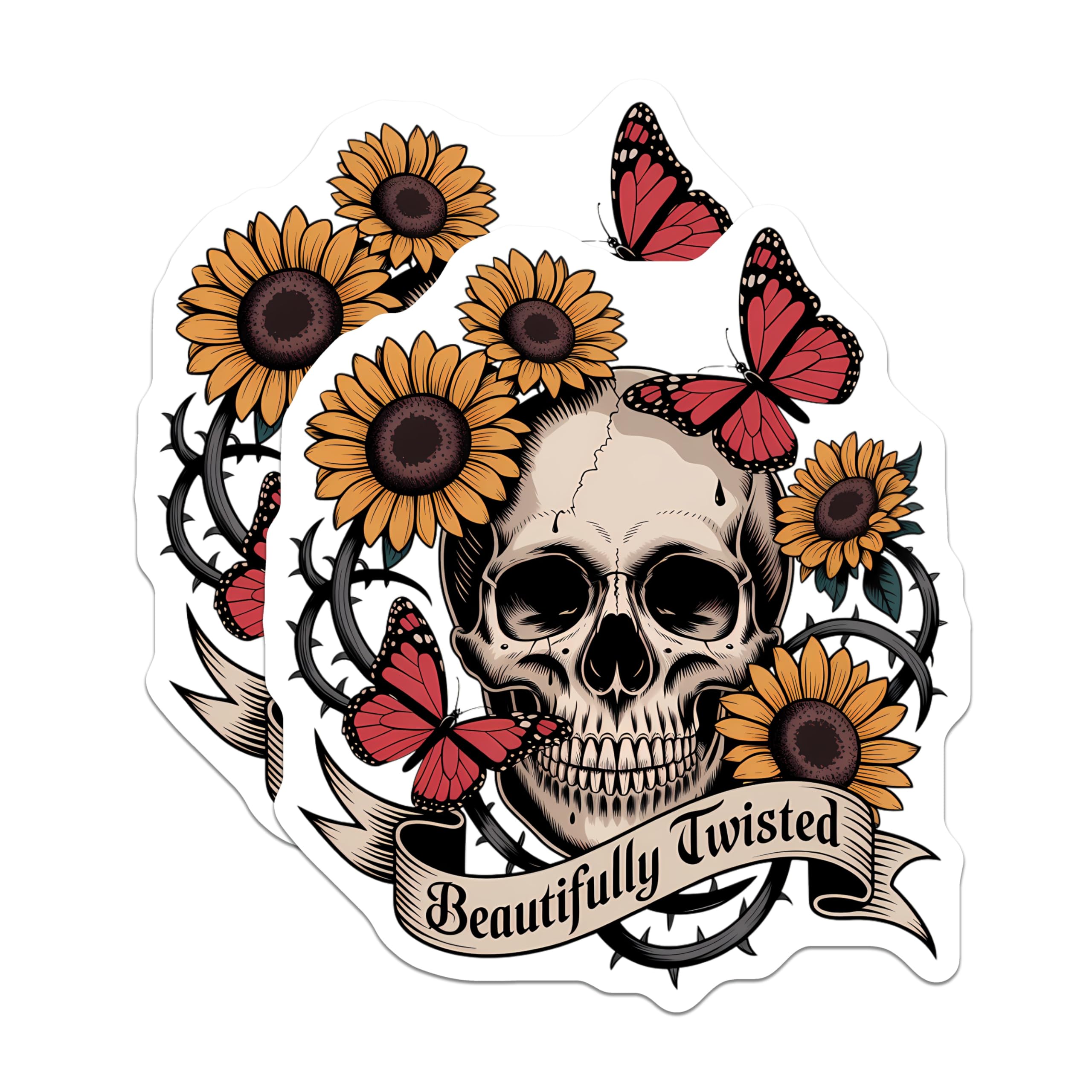 (2 Pack) Skull Sunflower Magnets - Gothic Butterfly Art - Beautifully Twisted Decor - Refrigerator Locker Accent - 5 Inches On Longest Side - Thick Durable Magnet - Made in USA - MAG23038