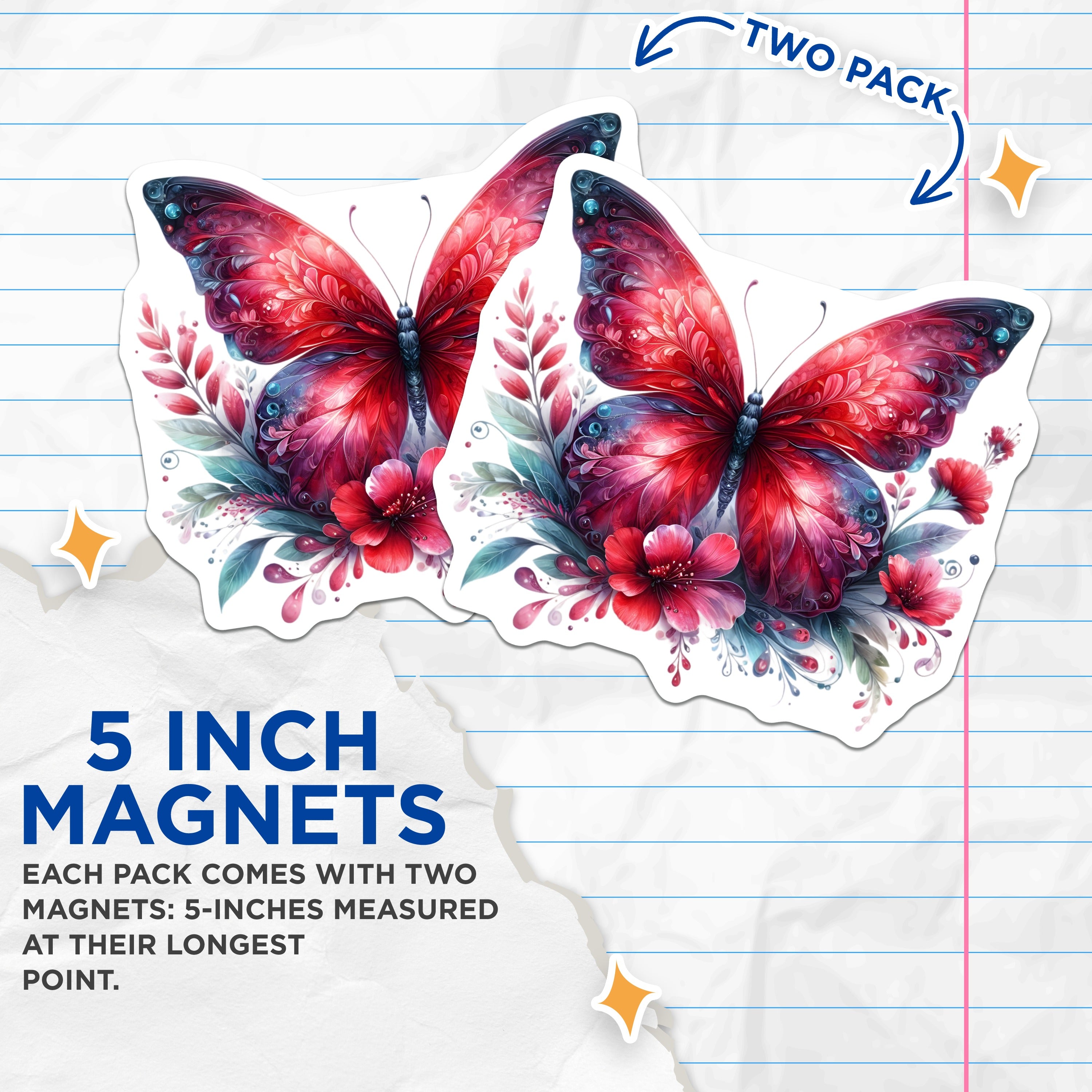 (2 Pack) Vibrant Butterfly Refrigerator Magnets - Fantasy Floral Decor - Whimsical Nature Aesthetic - 5 Inches On Longest Side - Thick Durable Magnet - Made in USA - MAG37683