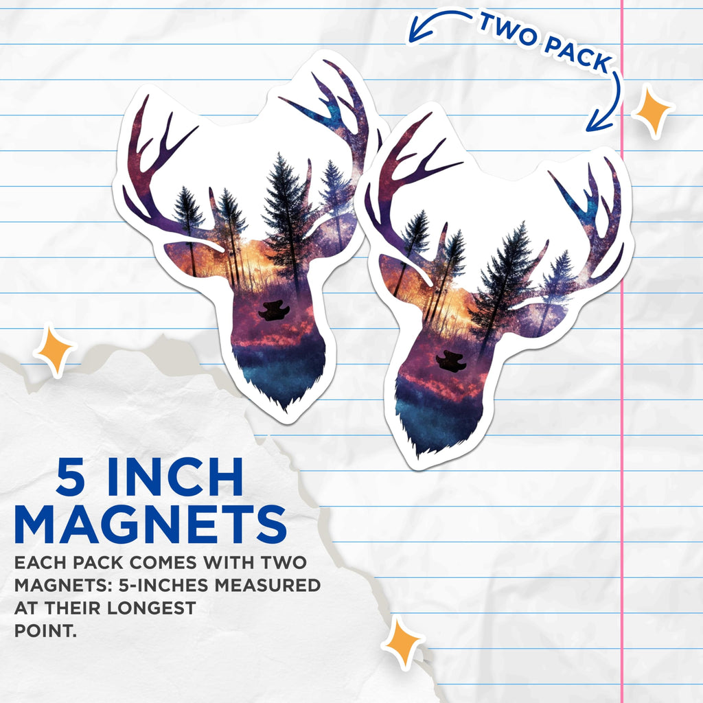 (2 Pack) Deer Head Magnets - Forest Scene Silhouette - Rustic Nature Home Decor - 5" On Longest Side - Premium Magnet - for Cars, Refrigerators, Toolboxes, Lockers - Made in USA - MAG15638
