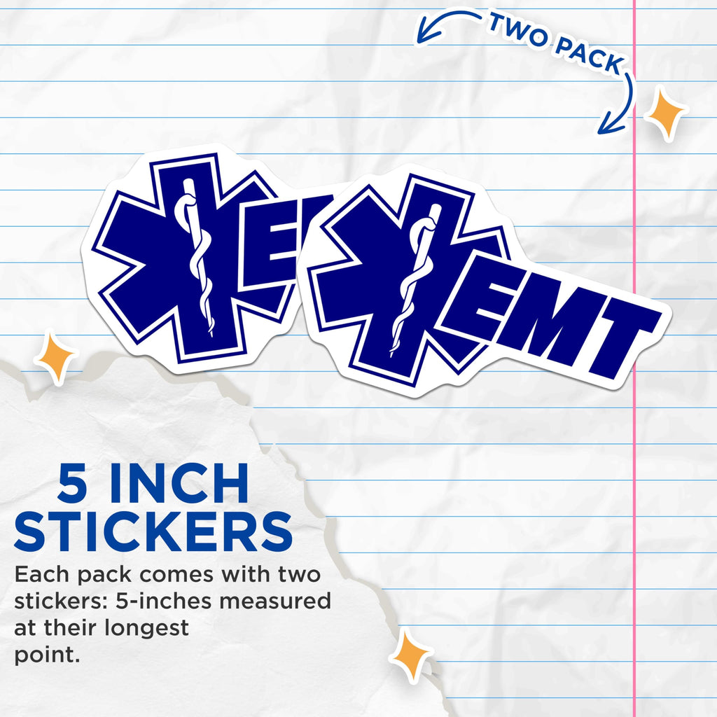(2 Pack) EMT Star of Life Stickers - Emergency Medical Technician Decals - First Responder Paramedic Stickers - 5" On Longest Side - Sticks to Smooth Flat Surfaces - Made in USA - BMCS5263