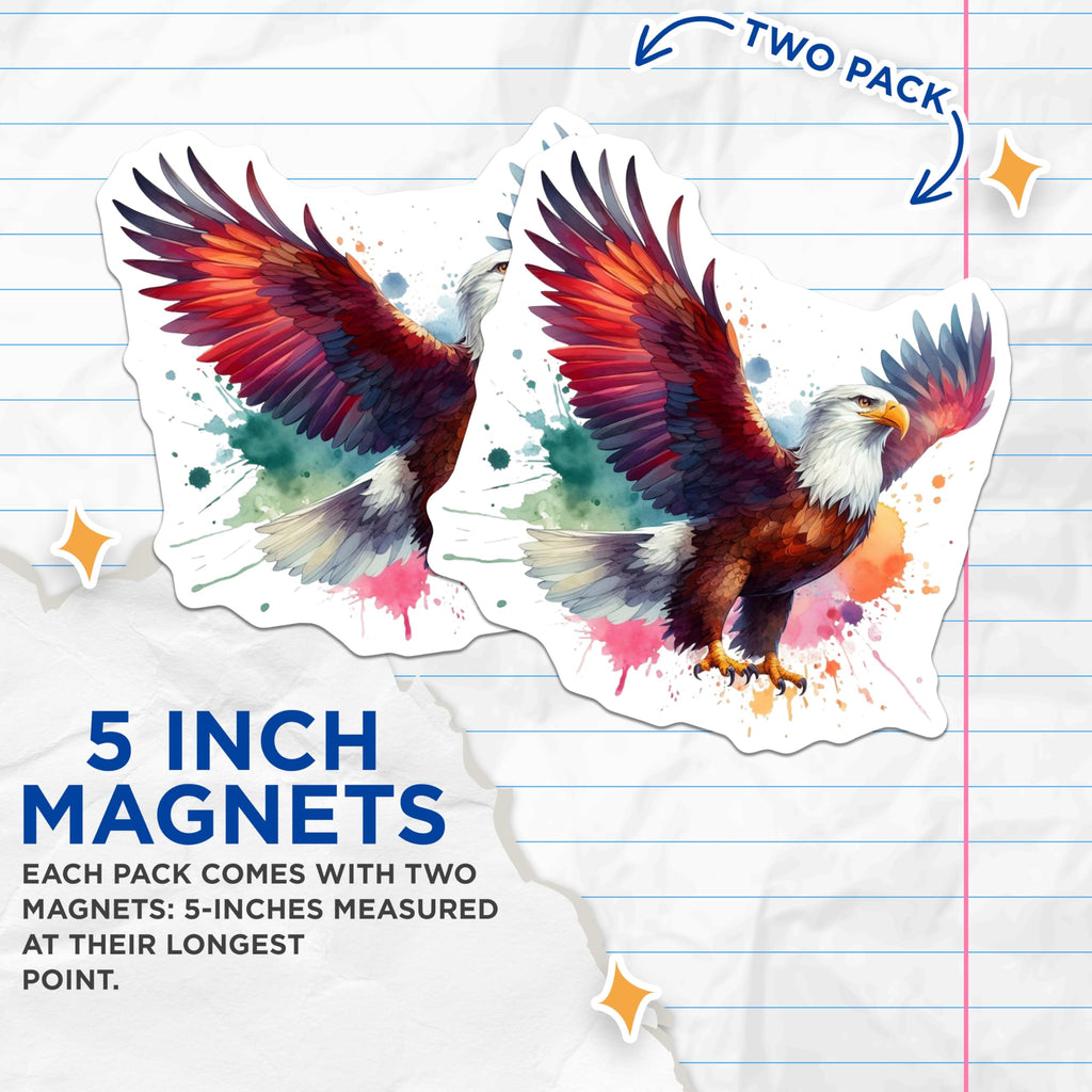 (2 Pack) Bald Eagle Magnets - American Wildlife Art - Watercolor Splatter Design - Patriotic Home Decor - Fridge Locker - 5 Inches On Longest Side - Thick Durable Magnet - Made in USA - MAG21887
