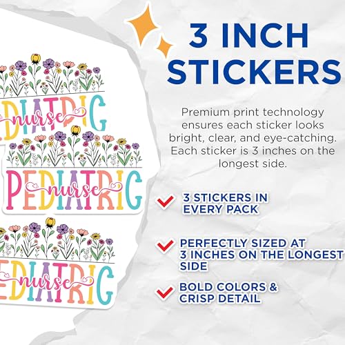 (3 Pack) Pediatric Nurse Decals - Floral Nurse Stickers - Nursing Student Decoration - 3 Inches On Longest Side - Easy Peel & Apply - Made in USA - 3MCS7906