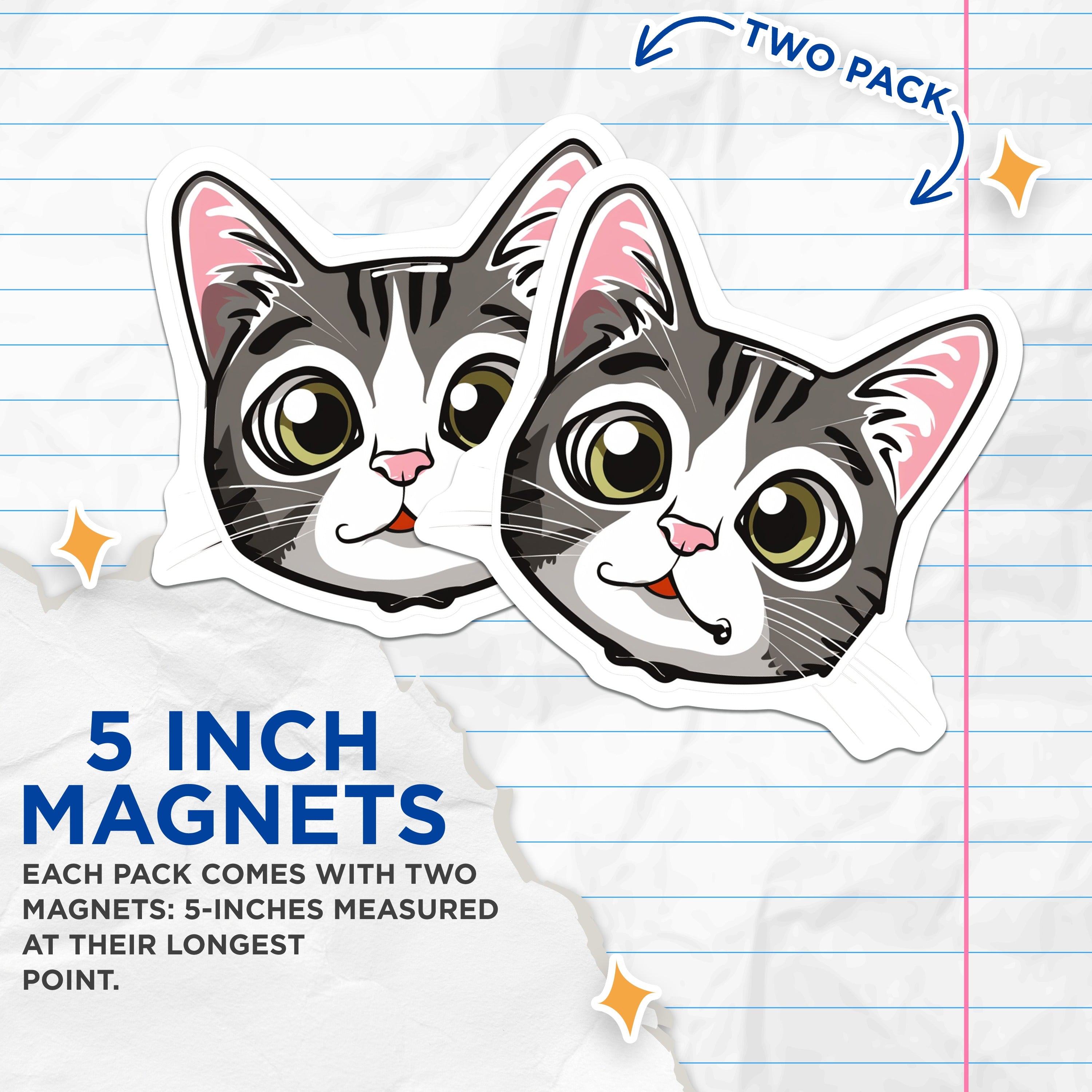 (2 Pack) Cute Cat Magnets - Kawaii Kitty Face Decor - Pet Owner Refrigerator Art - 5 Inches On Longest Side - Thick Durable Magnet - Made in USA - MAG37907