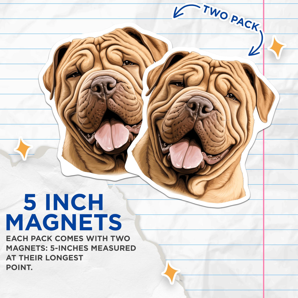 (2 Pack) Shar Pei Dog Magnets - Wrinkled Canine Portrait - Unique Pet Parent Adornment - Happy Dog Fridge Accessory - 5 Inches On Longest Side - Thick Durable Magnet - Made in USA - MAG23473