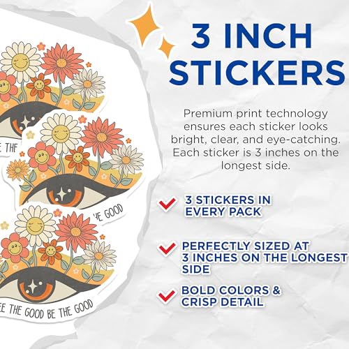 (3 Pack) Retro Flower Eye Decals - Hippie Laptop Decals - See The Good Sticker - 3 Inches On Longest Side - Easy Peel & Apply - Made in USA - 3MCS4955