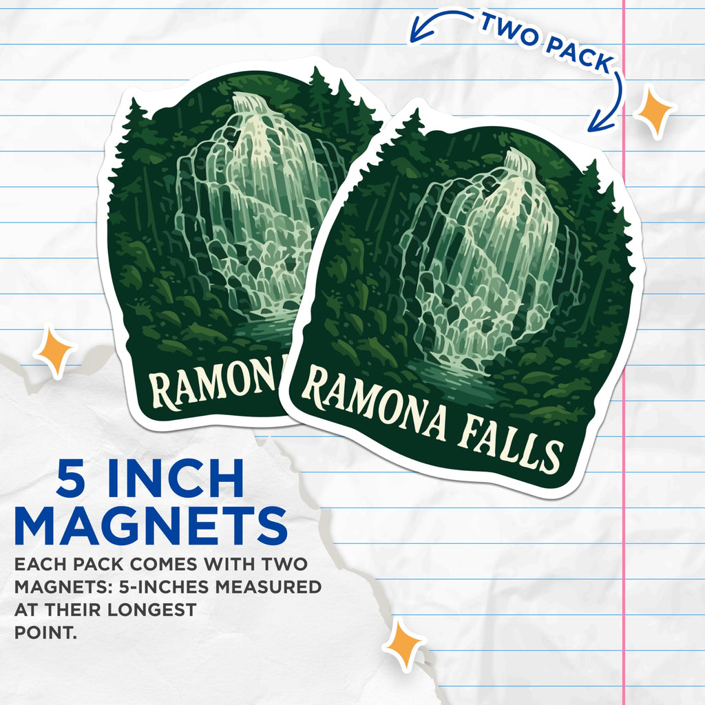 (2 Pack) Ramona Falls Magnets - Oregon Waterfall Scenery - Forest Landscape Art - PNW Travel Souvenir - 5 Inches On Longest Side - Thick Durable Magnet - Made in USA - MAG20045