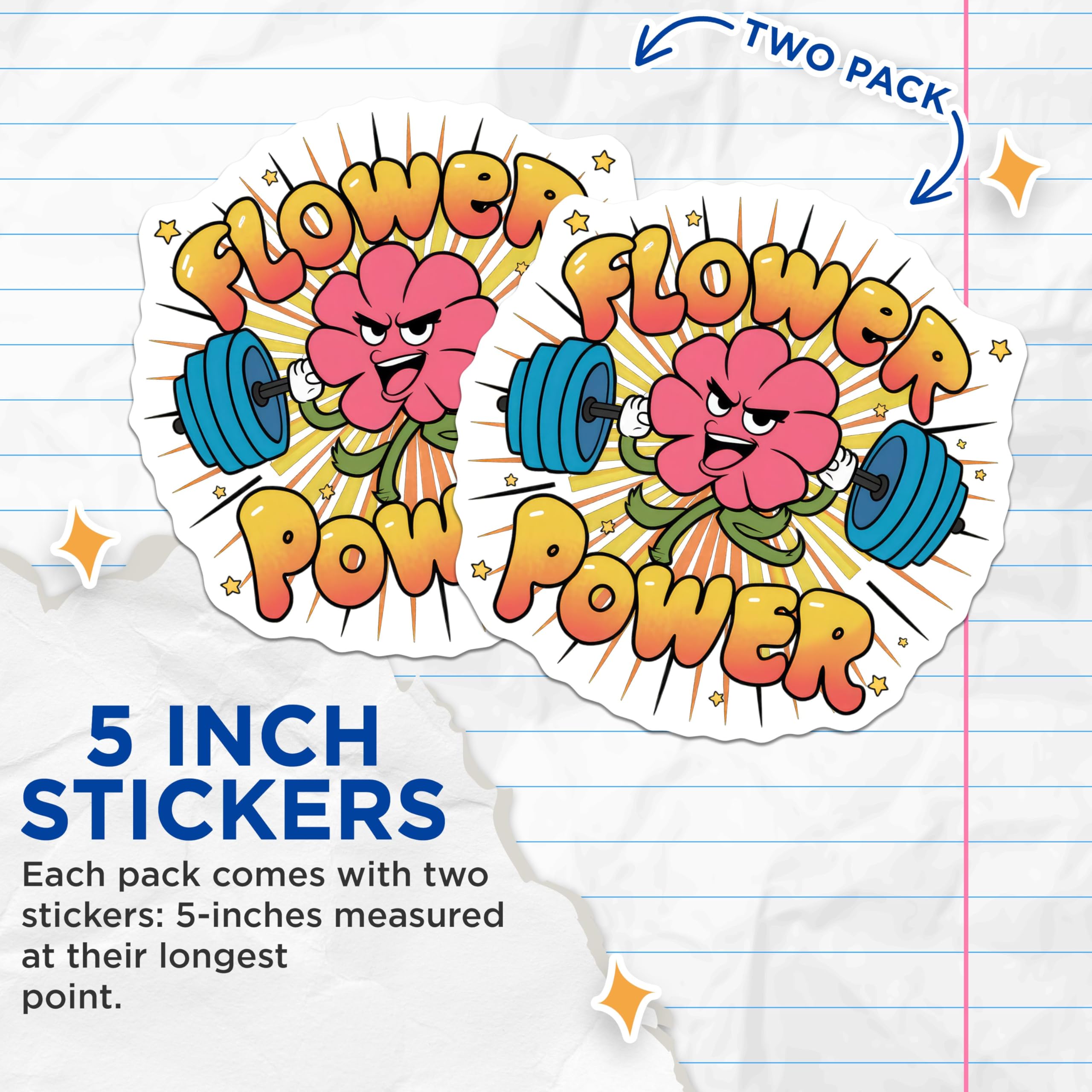 (2 Pack) Flower Power Stickers - Cartoon Flower - Workout Motivational Stickers - 5" On Longest Side - Sticks to Smooth Flat Surfaces - Made in USA - BMCS5847