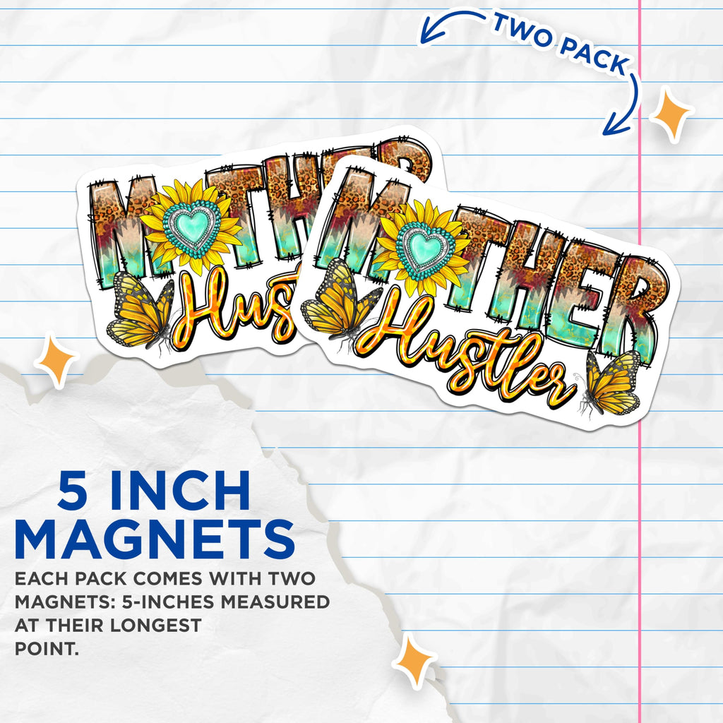(2 Pack) Mother Hustler Magnets - Boho Mom Refrigerator Decor - Sunflower Butterfly Western Style - 5 Inches On Longest Side - Thick Durable Magnet - Made in USA - MAG27845