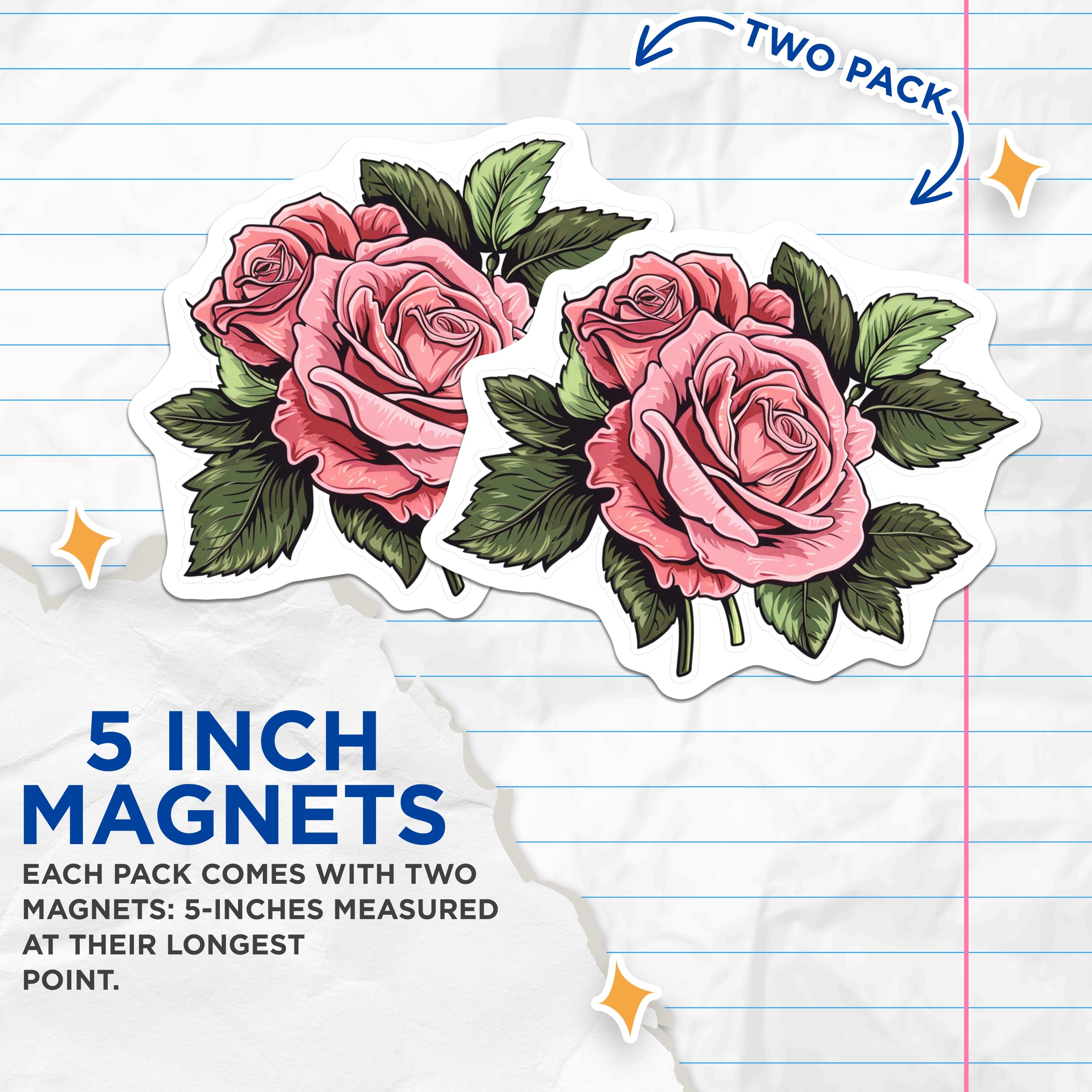 (2 Pack) Pink Rose Magnets - Botanical Flower Decor - Romantic Kitchen Fridge Locker Accessory - 5 Inches On Longest Side - Thick Durable Magnet - Made in USA - MAG38087