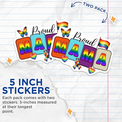 (2 Pack) Proud Mama Stickers - LGBTQ Rainbow Art - Colorful Mama Hearts and Butterfly - 5" On Longest Side - Sticks to Smooth Flat Surfaces - Made in USA - BMCS8264