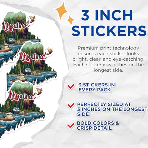 (3 Pack) Maine Decals - State of Maine - Lobster - Moose Laptop Decal - 3 Inches On Longest Side - Easy Peel & Apply - Made in USA - 3MCS0142