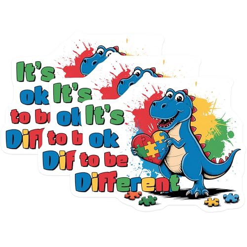(3 Pack) Autism Awareness Decals - Dinosaur Puzzle - Different is Ok - Laptop Decals - 3 Inches On Longest Side - Easy Peel & Apply - Made in USA - 3MCS8456