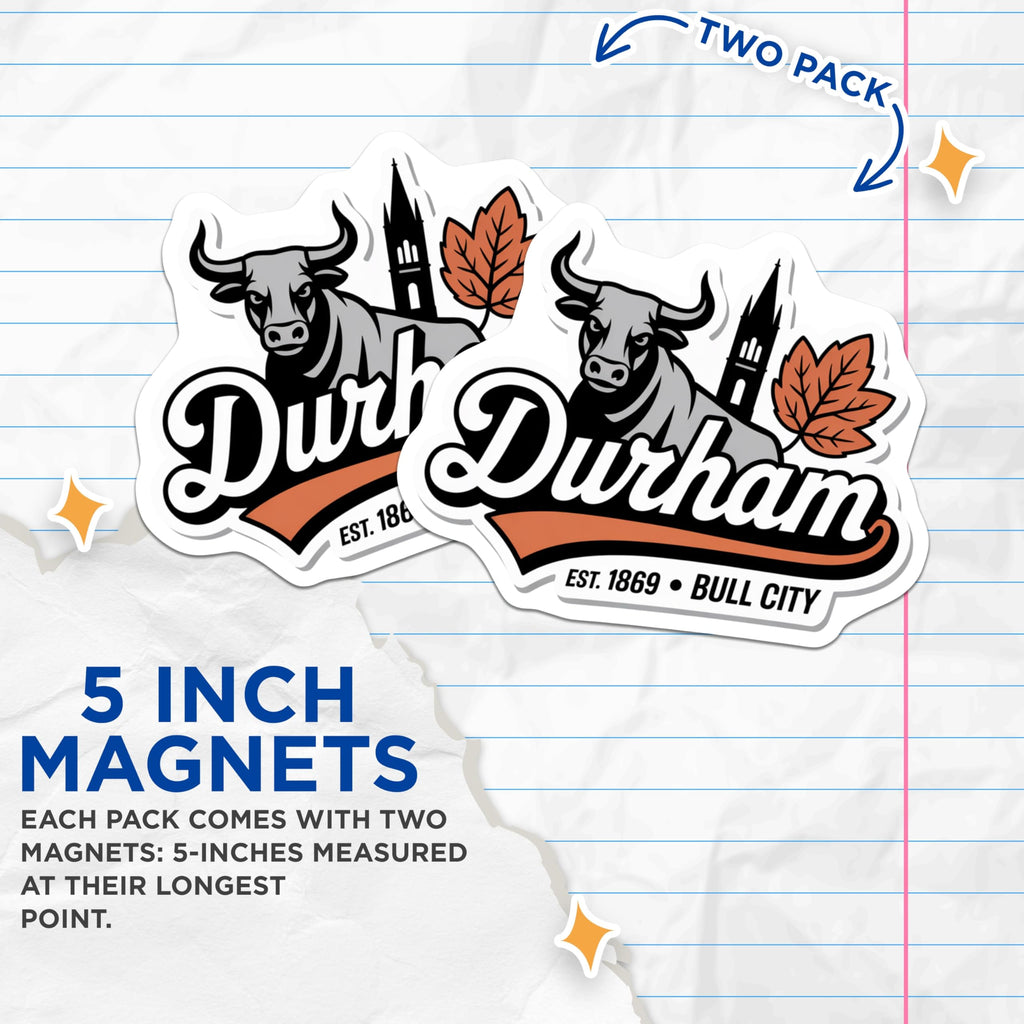 (2 Pack) Durham North Carolina Magnets - Bull City NC - Cityscape Souvenir - 5" On Longest Side - Premium Magnet - for Cars, Refrigerators, Toolboxes, Lockers - Made in USA - MAG18069