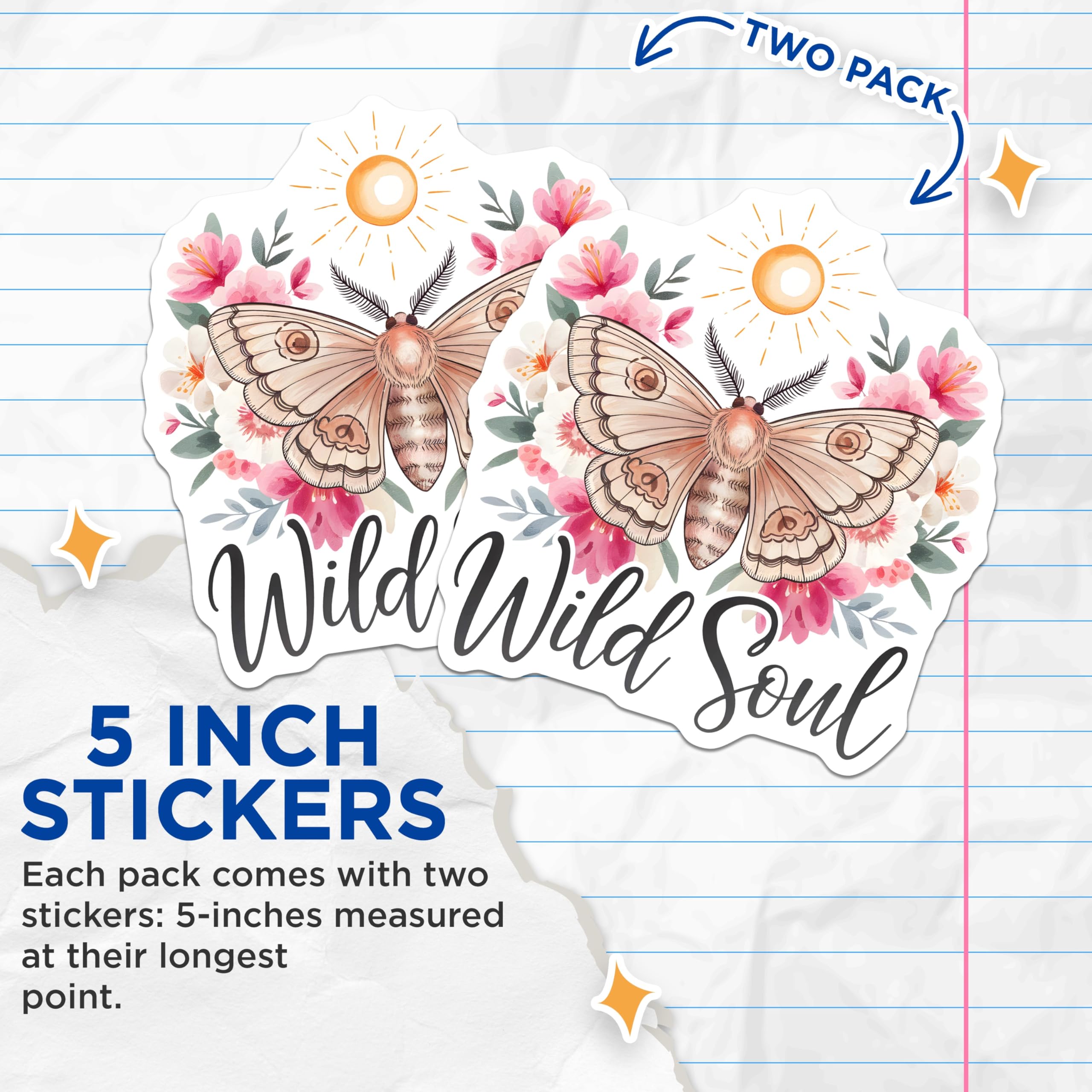 (2 Pack) Wild Soul Stickers - Moth Stickers - Floral Stickers - Boho Stickers - 5" On Longest Side - Sticks to Smooth Flat Surfaces - Made in USA - BMCS18037