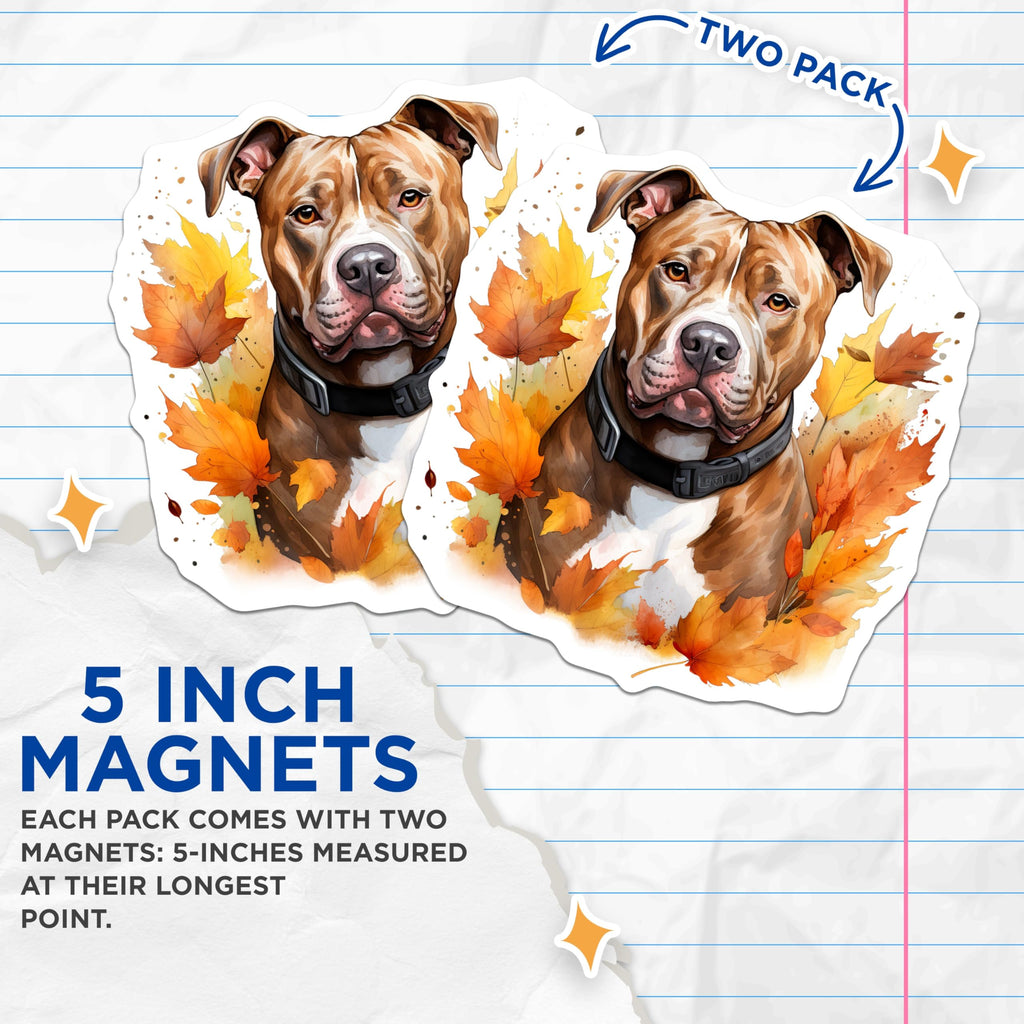 (2 Pack) Fall Pitbull Dog Magnets - Autumn Pet Lover Decor - Watercolor Leaf Fridge Art - 5 Inches On Longest Side - Thick Durable Magnet - Made in USA - MAG25487