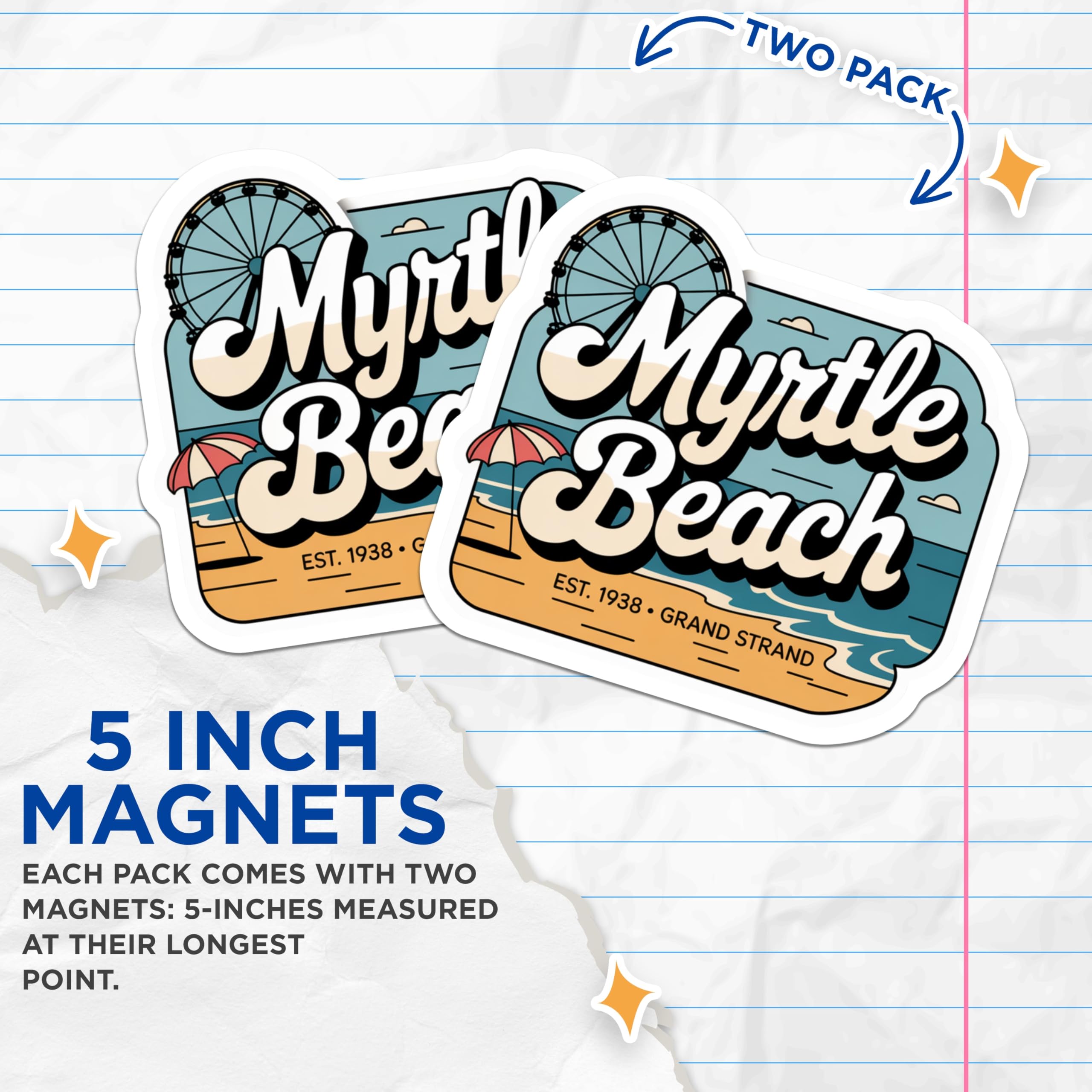 (2 Pack) Myrtle Beach Souvenir Magnets - Grand Strand SC - Beach Trip Refrigerator Magnets - 5" On Longest Side - Premium Magnet - for Cars, Refrigerators, Toolboxes, Lockers - Made in USA - MAG18085
