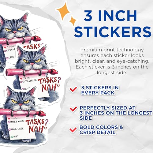 (3 Pack) Funny Cat Decals - Lazy Cat Meme - Tasks Nah to Do List Sticker - 3 Inches On Longest Side - Easy Peel & Apply - Made in USA - 3MCS7326