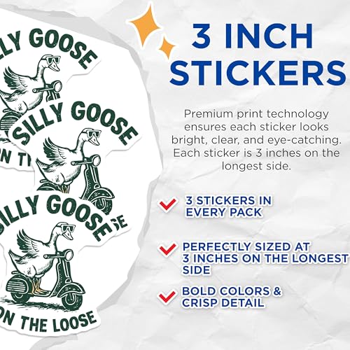 (3 Pack) Silly Goose Decals - Goose on Scooter - Funny Animal Decal - 3 Inches On Longest Side - Easy Peel & Apply - Made in USA - 3MCS4695