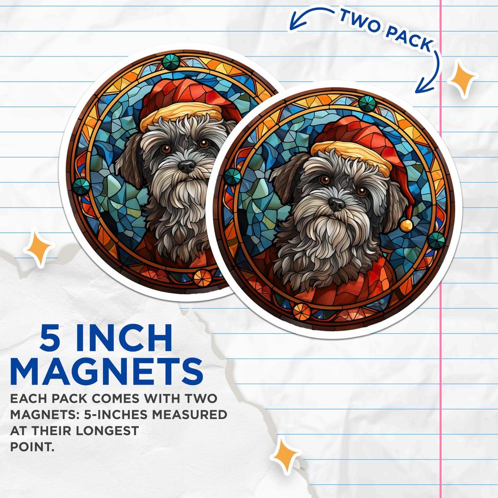 (2 Pack) Christmas Dog Magnets - Stained Glass Schnauzer Pet Art - Festive Holiday Refrigerator Decor - 5 Inches On Longest Side - Thick Durable Magnet - Made in USA - MAG26714