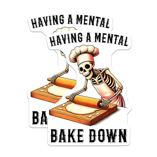 (2 Pack) Having a Mental Bake Down Stickers - Funny Skeleton Chef - Pun Decal for Bakers - 5" On Longest Side - Sticks to Smooth Flat Surfaces - Made in USA - BMCS9772