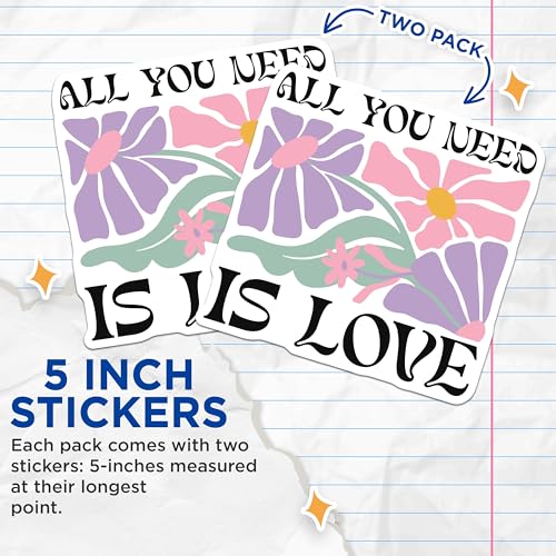 (2 Pack) All You Need is Love Stickers - Floral Design Stickers - Inspirational Quote Stickers - 5" On Longest Side - Sticks to Smooth Flat Surfaces - Made in USA - BMCS3833