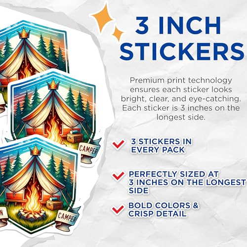 (3 Pack) Queen Camper Decals - Camping Tent Sticker - Bonfire Campfire Decals- 3 Inches On Longest Side - Easy Peel & Apply - Made in USA - 3MCS5560