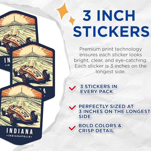 (3 Pack) Indianapolis Decals - Race Car Sticker - Retro Racing Decal - 3 Inches On Longest Side - Easy Peel & Apply - Made in USA - 3MCS0355