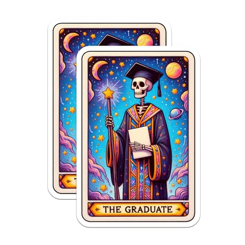 (2 Pack) The Graduate Stickers - Skeleton Astronaut Stickers - Tarot Card Stickers - 5" On Longest Side - Sticks to Smooth Flat Surfaces - Made in USA - BMCS5420