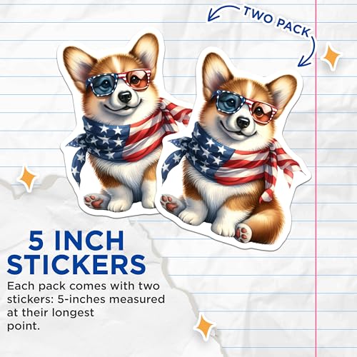 (2 Pack) Corgi Dog in Sunglasses Stickers - Cute Dog Stickers - Red White and Blue Bandana Sticker - 5" On Longest Side - Sticks to Smooth Flat Surfaces - Made in USA - BMCS6511