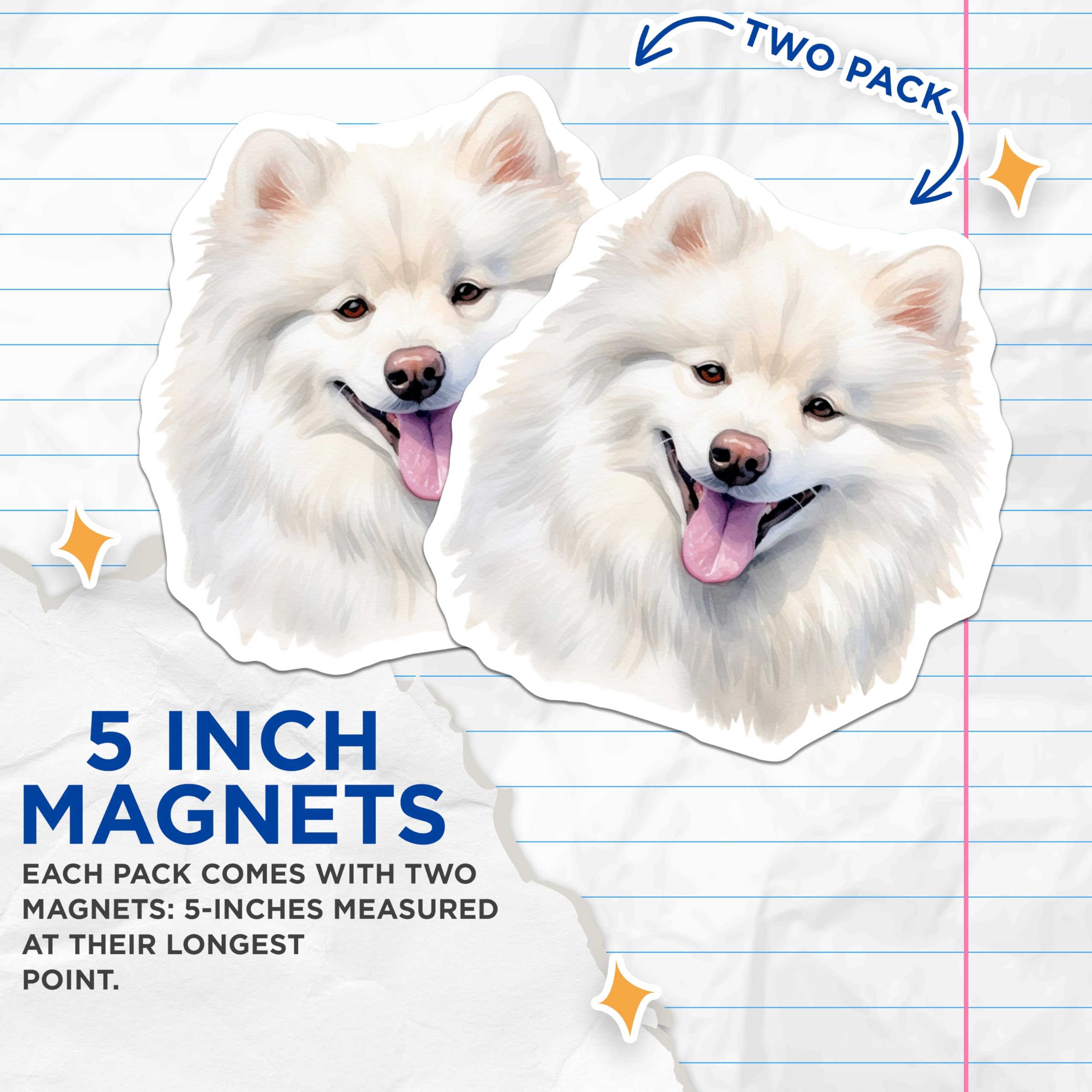 (2 Pack) Samoyed Dog Magnets - White Fluffy Dog Art - Pet Lover Refrigerator Decor - Happy Dog Parent - 5 Inches On Longest Side - Thick Durable Magnet - Made in USA - MAG30735