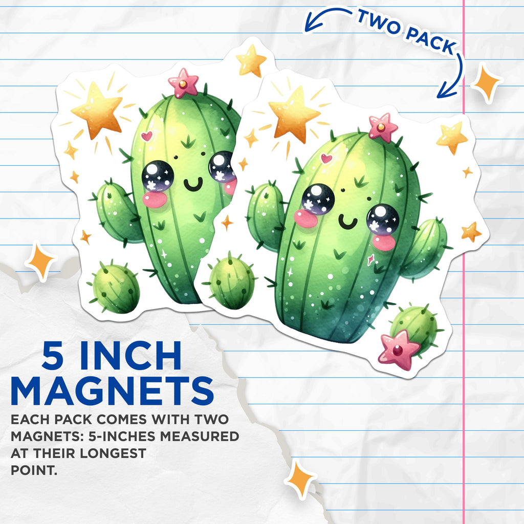 (2 Pack) Cute Cactus Magnets - Kawaii Succulent Decor - Happy Plant Aesthetic Fridge Art - 5 Inches On Longest Side - Thick Durable Magnet - Made in USA - MAG39527