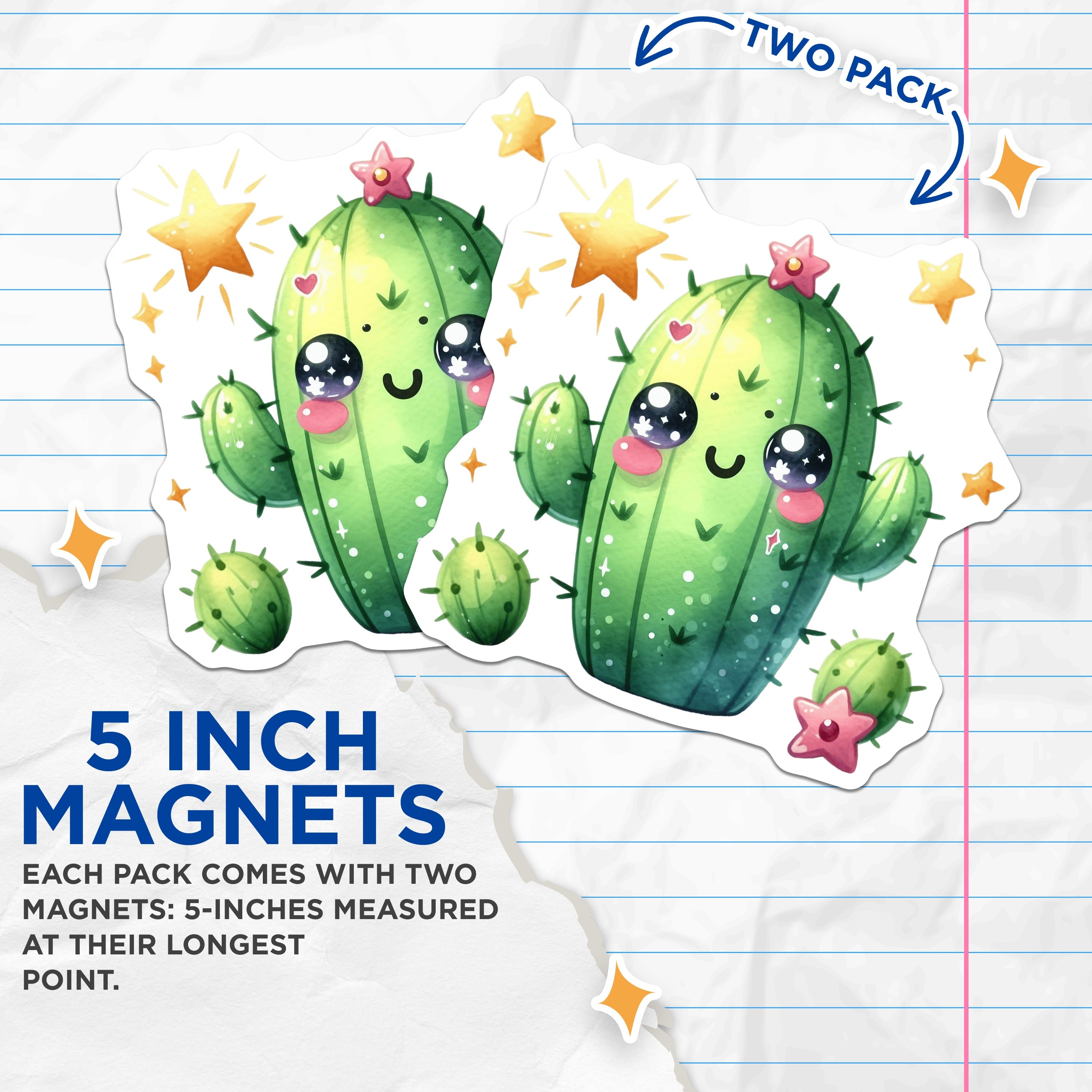 (2 Pack) Cute Cactus Magnets - Kawaii Succulent Decor - Happy Plant Aesthetic Fridge Art - 5 Inches On Longest Side - Thick Durable Magnet - Made in USA - MAG39527