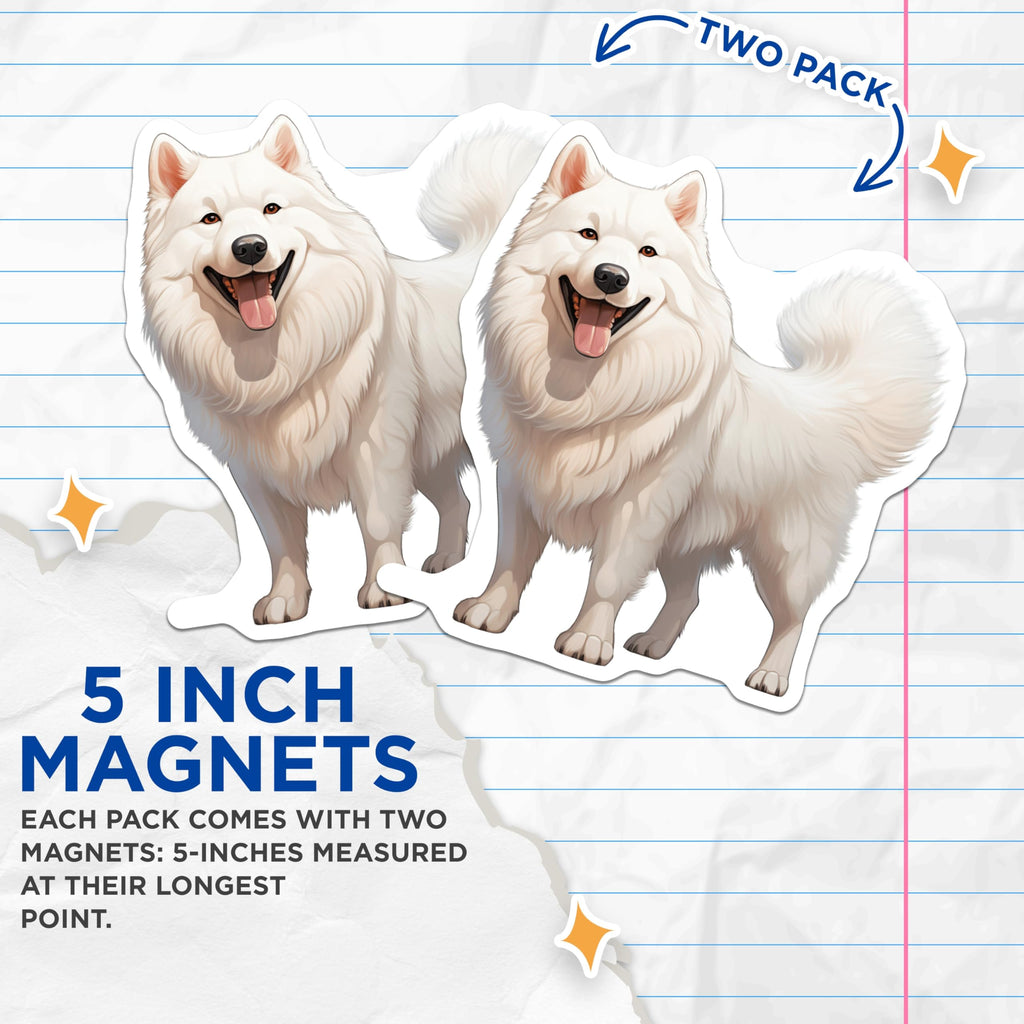 (2 Pack) Samoyed Magnets - White Fluffy Dog Decor - Happy Pet Owner Accessory - Puppy Breed Art - 5 Inches On Longest Side - Thick Durable Magnet - Made in USA - MAG26456