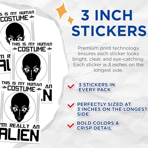 (3 Pack) Alien Costume Decals - UFO Laptop Decal - Funny Extraterrestrial Stickers - 3 Inches On Longest Side - Easy Peel & Apply - Made in USA - 3MCS4289