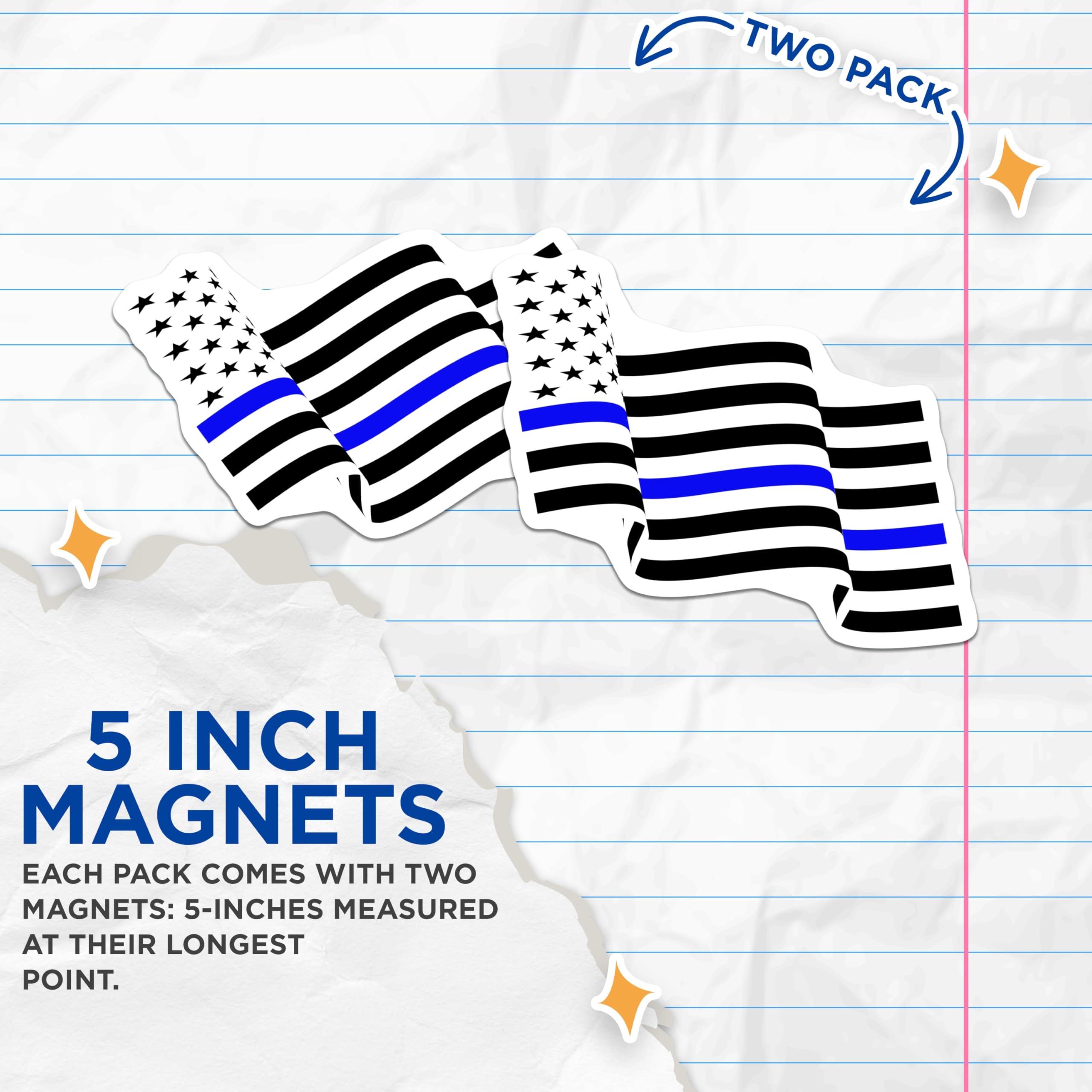 (2 Pack) Thin Blue Line Magnets - Police Officer Support Flag - Law Enforcement Tribute Vehicle Decals - 5 Inches On Longest Side - Thick Durable Magnet - Made in USA - MAG22280