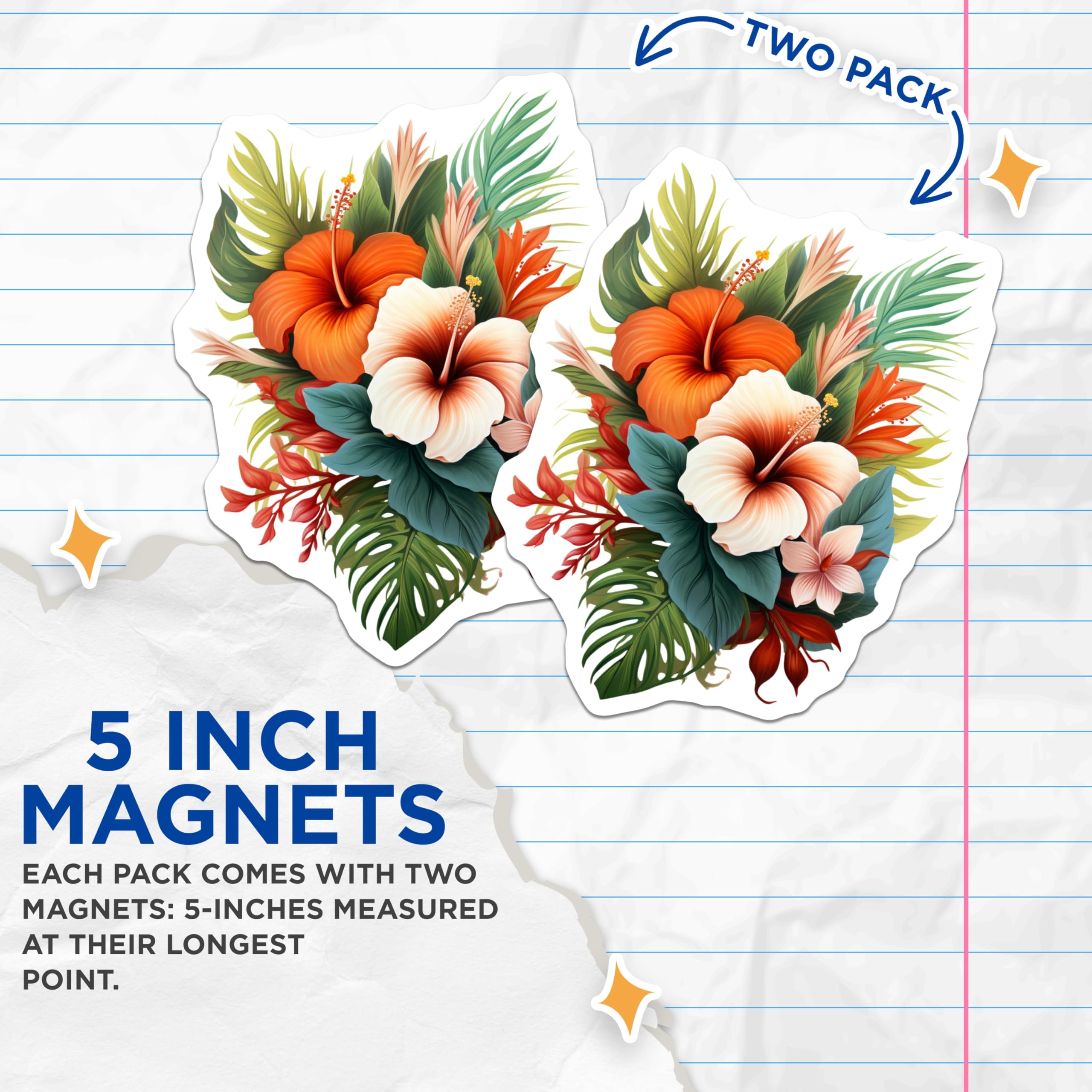 (2 Pack) Tropical Hibiscus Magnets - Exotic Floral Decor - Hawaiian Jungle Bouquet - 5 Inches On Longest Side - Thick Durable Magnet - Made in USA - MAG20027