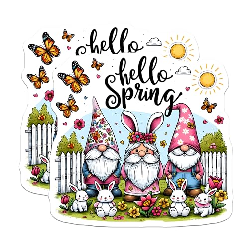 (2 Pack) Hello Spring Stickers - Cute Gnomes Illustration - Springtime Bunny Rabbits and Flowers - 5" On Longest Side - Sticks to Smooth Flat Surfaces - Made in USA - BMCS7999