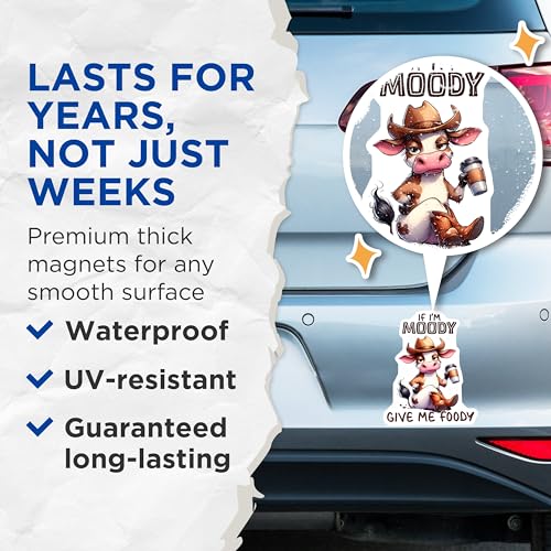 (2 Pack) Moody Cow Magnets - Funny Cow Kitchen - Cute Farm Animal Refrigerator Magnets - Mood Magnets - 5" On Longest Side - for Cars, Fridges, Toolboxes - Made in USA - MAG3787