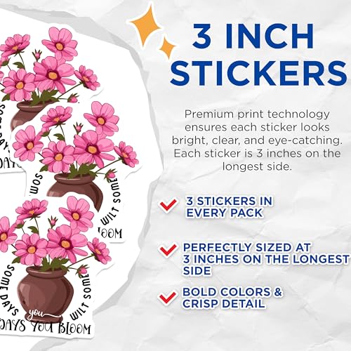 (3 Pack) Floral Decals - Flower Pot Decals - Bloom Affirmation - 3 Inches On Longest Side - Easy Peel & Apply - Made in USA - 3MCS2637