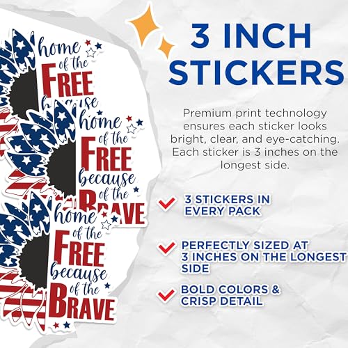 (3 Pack) Patriotic Sunflower Decals - USA Flag - Home of The Free Stickers - 3 Inches On Longest Side - Easy Peel & Apply - Made in USA - 3MCS1746