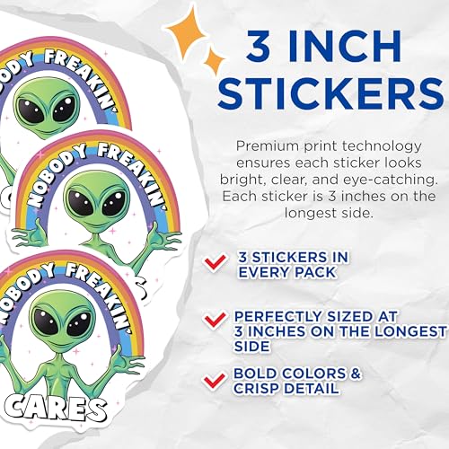 (3 Pack) Alien Decals - Funny Rainbow - Nobody Cares - Laptop Decal - 3 Inches On Longest Side - Easy Peel & Apply - Made in USA - 3MCS6529