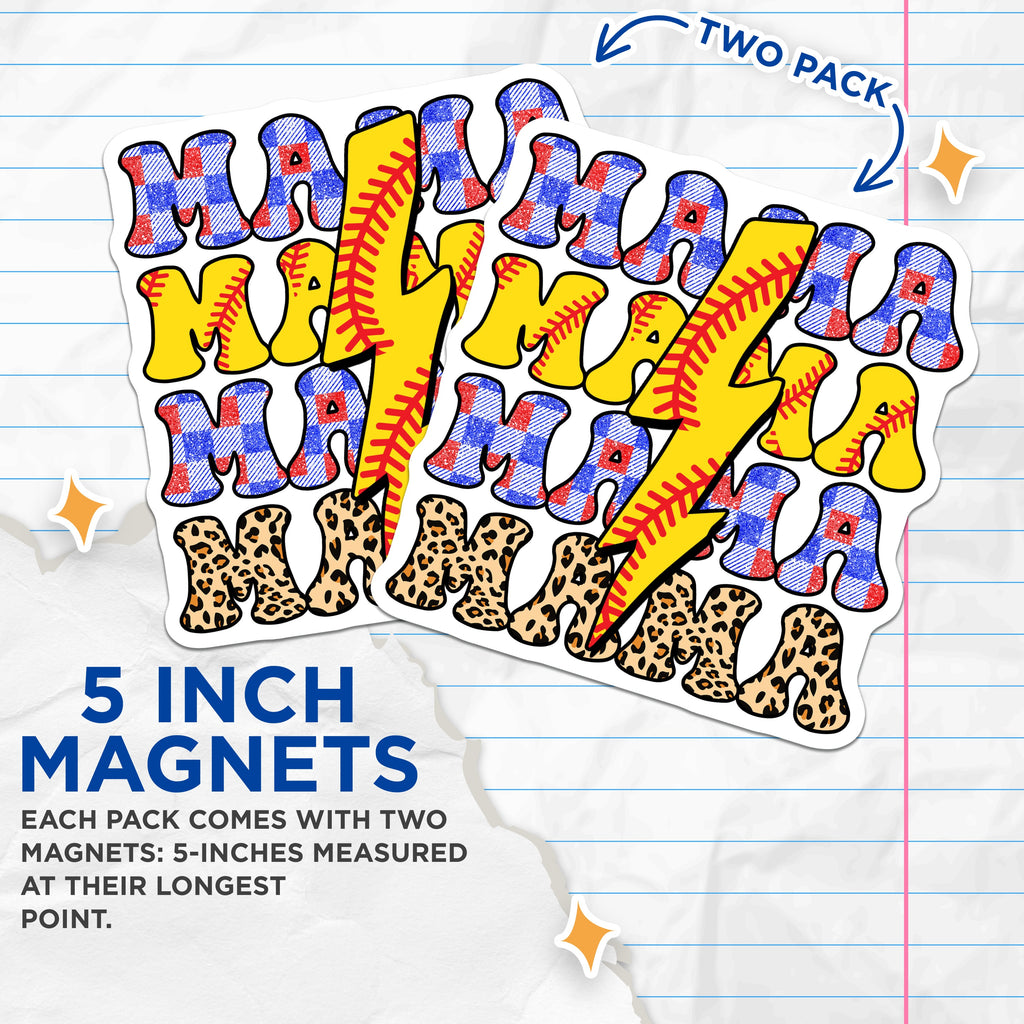 (2 Pack) Softball Mama Magnets - Sports Mom Life Accessory - Leopard Print Plaid - Game Day Refrigerator Decor - 5 Inches On Longest Side - Thick Durable Magnet - Made in USA - MAG37313