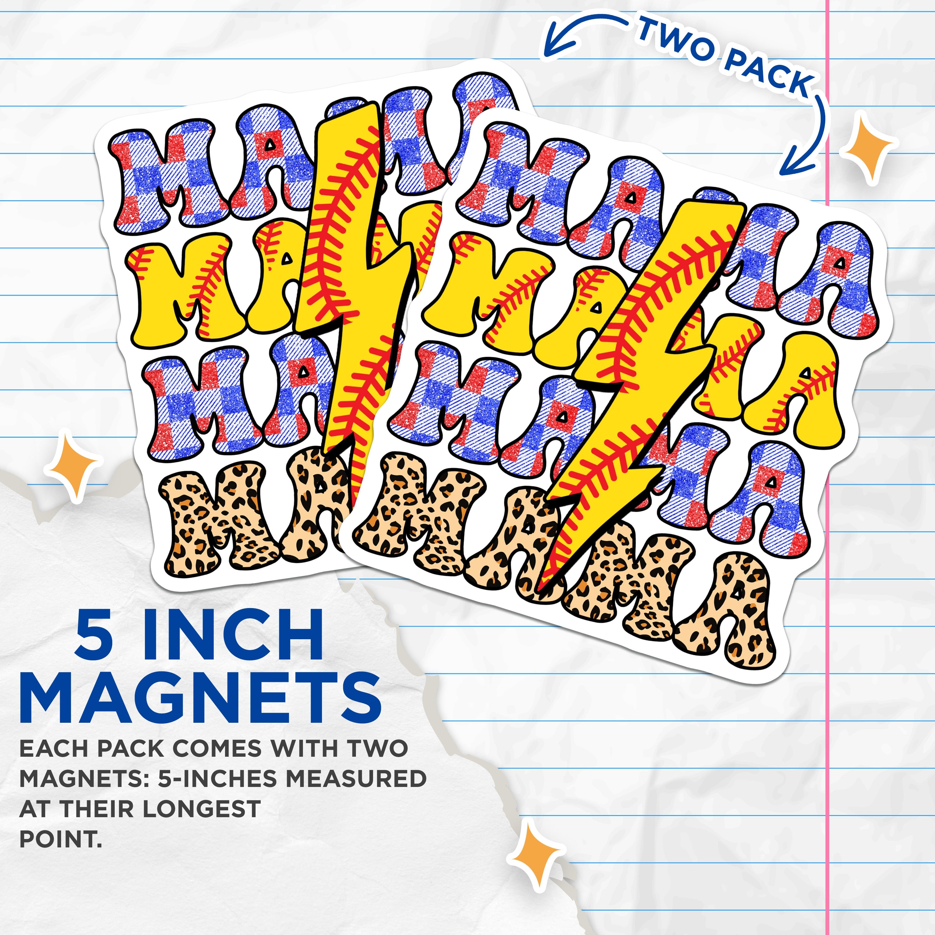 (2 Pack) Softball Mama Magnets - Sports Mom Life Accessory - Leopard Print Plaid - Game Day Refrigerator Decor - 5 Inches On Longest Side - Thick Durable Magnet - Made in USA - MAG37313