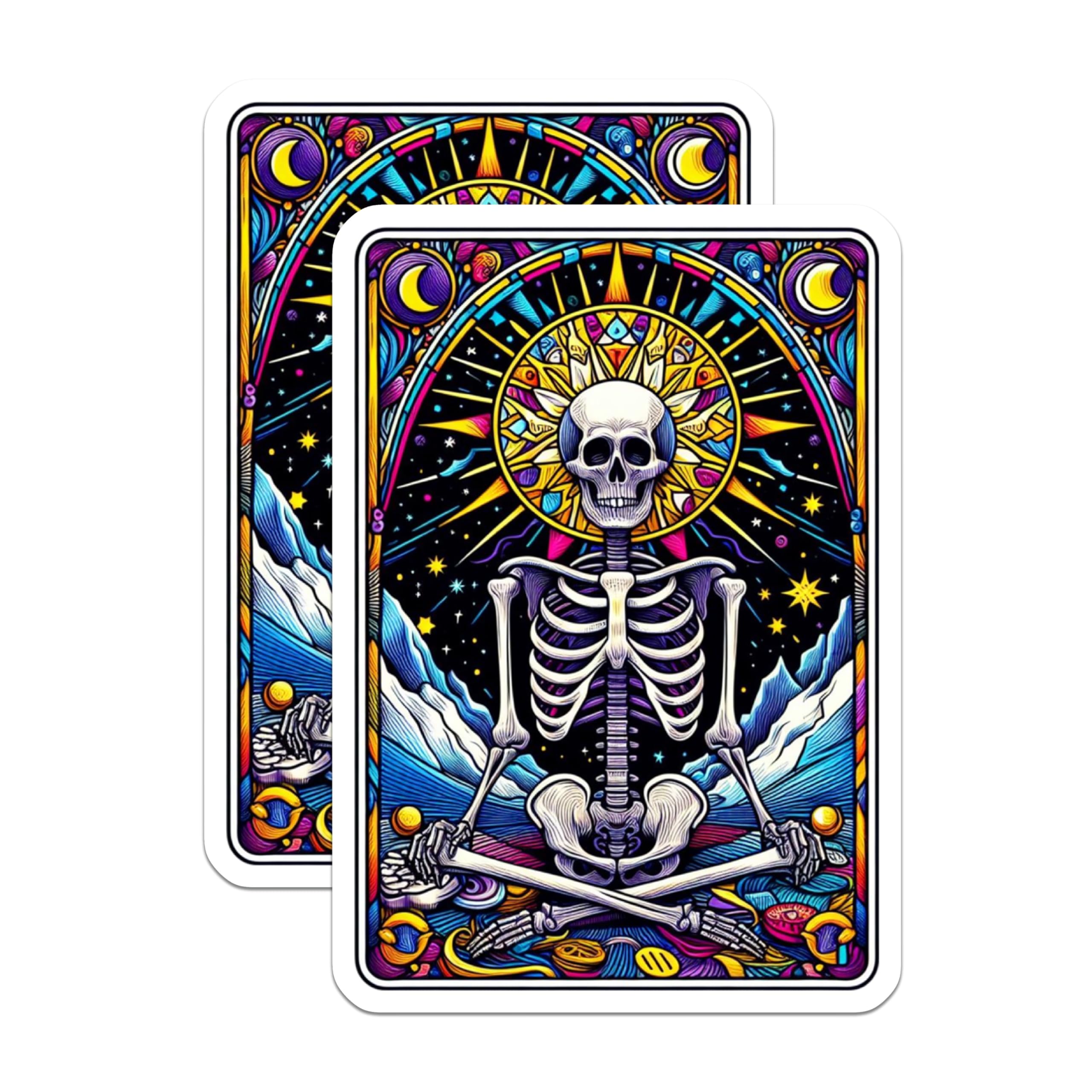(2 Pack) Psychedelic Skeleton Magnets - Meditating Skull Art - Vibrant Mystical Decor - Stained Glass Mandala Design - 5 Inches On Longest Side - Thick Durable Magnet - Made in USA - MAG21947